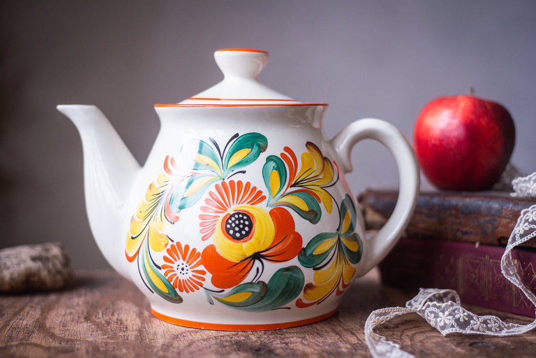 Vintage Ceramic Teapot Set with Petrikivka Flowers, Hand Painted Folk Art Tea Duo