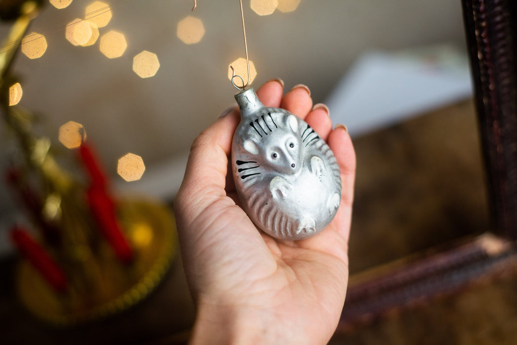 Vintage Hedgehog Glass Ornament, Retro Woodland Christmas