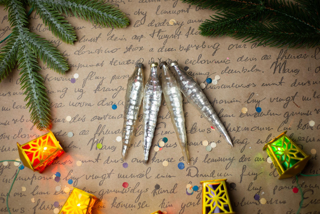 Silver Glass Icicle Christmas Ornaments, Set of 4 – 11 cm