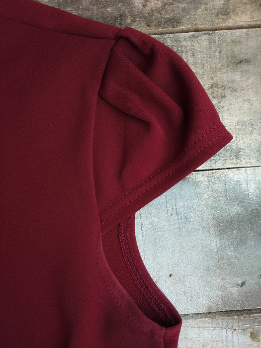 Vintage Peplum Dress - Burgundy Midi Knee Length Sheath With Deep V-Neck