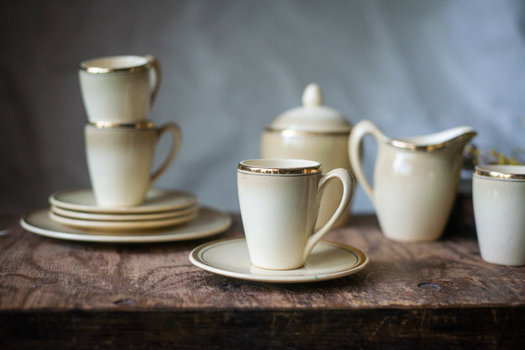 Vintage Porcelain tea set, milk jug, sugar bowl, beige gold breakfast serving set
