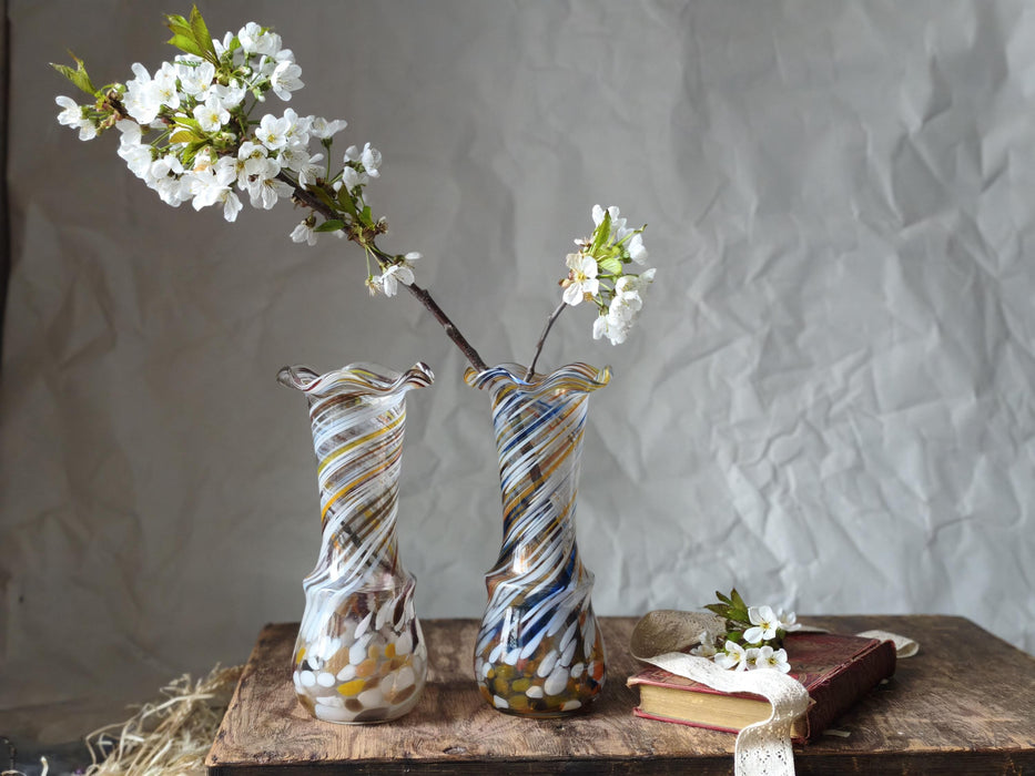 Vintage Murano Style Glass Vase, Beige Blue Art Glass, 1970s Bud Vase