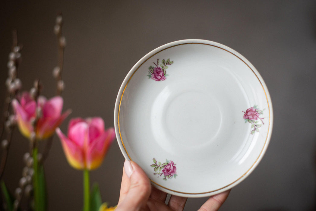 Vintage White Porcelain Cup and Saucer with Pink Floral Pattern, 1970s