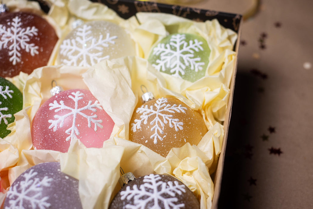 Set of 9 Glass Snowflake Ornaments, Pastel Rustic Christmas Baubles