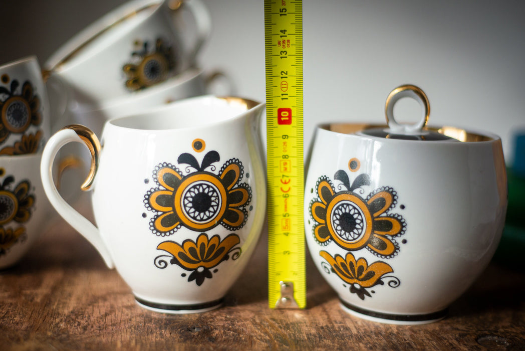 Vintage Ceramic Tea Set with Gold Trim, Boho Floral Cups Sugar Bowl and Jug