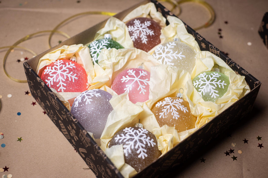 Set of 9 Glass Snowflake Ornaments, Pastel Rustic Christmas Baubles