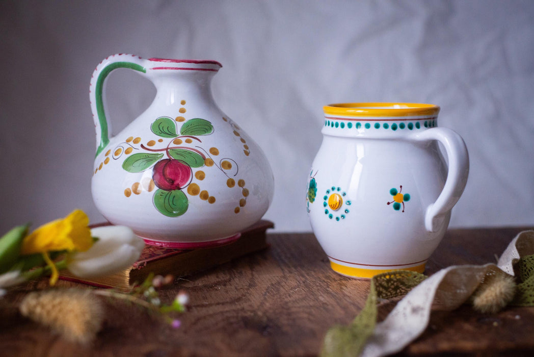 Vintage Italian Majolica Pitcher 1970s Hand Painted Ceramic Jug
