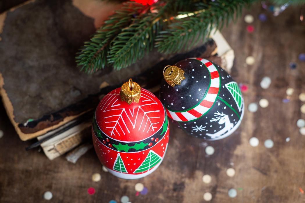 Scandinavian Christmas Ornaments Set, Hand Painted Glass Baubles, Nordic Holiday Decor