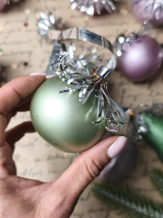 Vintage Frosted Glass Ornament Set – Purple & Green GDR