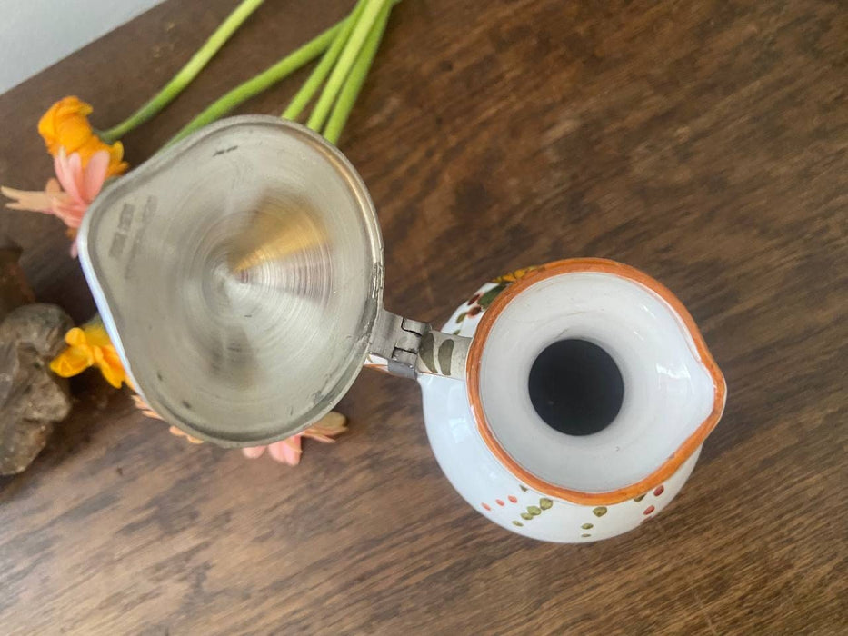 Flower Ceramic wine jug with metal lid, vintage carafe, 1970s German pitcher