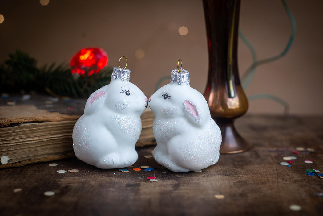 Glass rabbit ornament, Christmas ornament, white rabbit Xmas tree decoration, woodland rustic Christmas decor