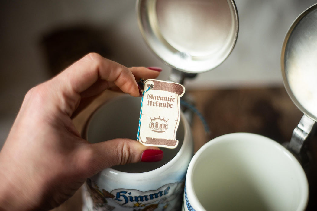 Vintage German Ceramic Beer Steins with Pewter Lids Folk Art Barware