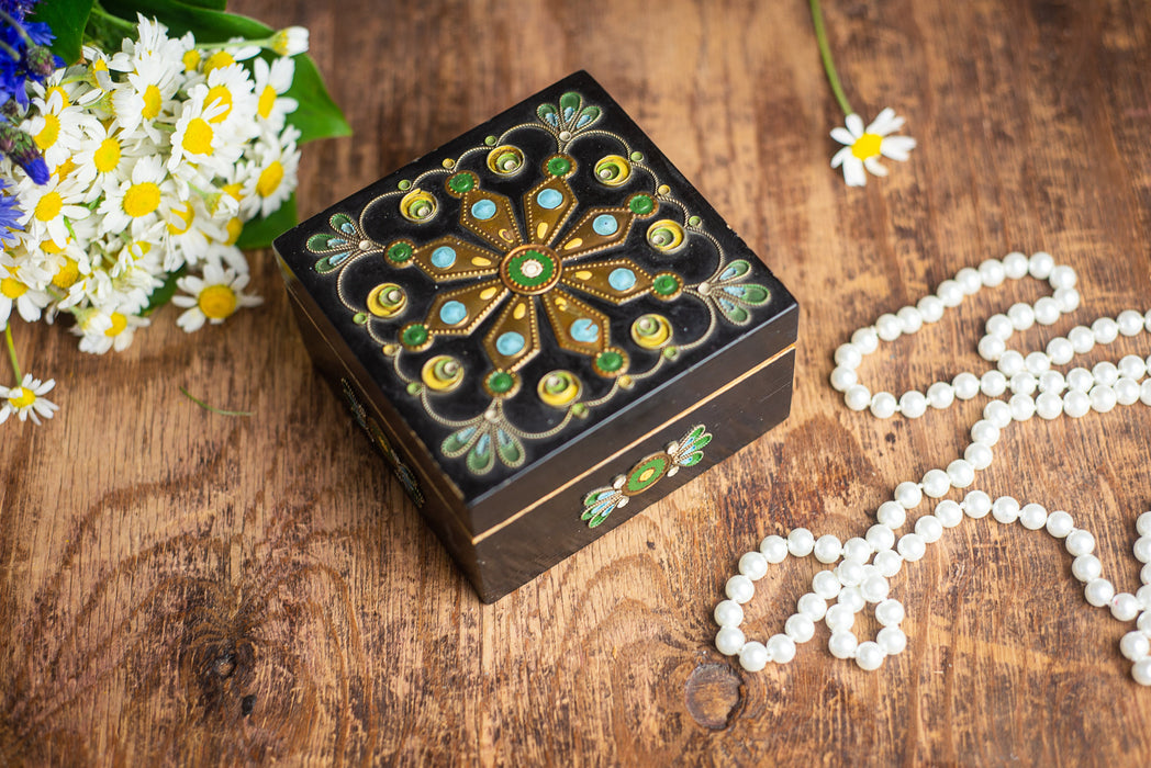 Vintage Wooden Trinket Box with Floral Enamel and Brass Inlay Jewelry Storage