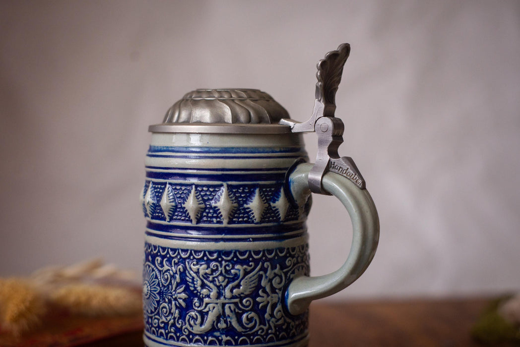 Vintage Bavarian Beer Stein Blue Ceramic German Mug with Pewter Lid