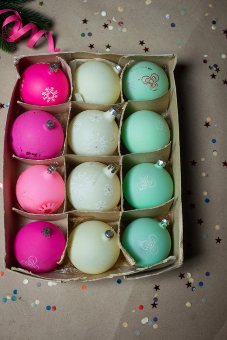 Vintage Christmas Baubles - Set of 12 Handpainted Glass Ornaments in Original Box