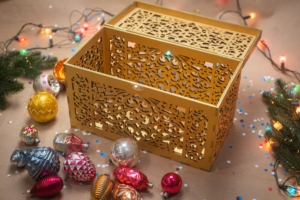 Laser Cut Wooden Keepsake Box, Gold Christmas Ornament Storage, Rustic Decor