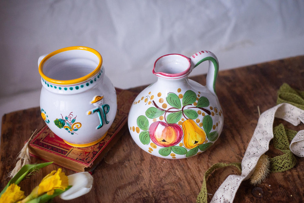 Vintage Italian Majolica Pitcher 1970s Hand Painted Ceramic Jug