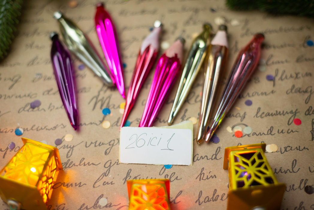 Vintage 1950s Glass Icicle Ornaments – Pink, Silver & Gold
