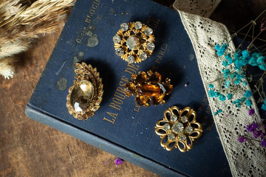 a collection of ornate jewelry, including brooches and earrings, placed on top of a blue book with gold lettering.