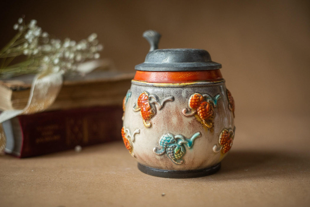 Vintage Ceramic Beer Stein with Lid Handpainted Rustic Floral Tankard