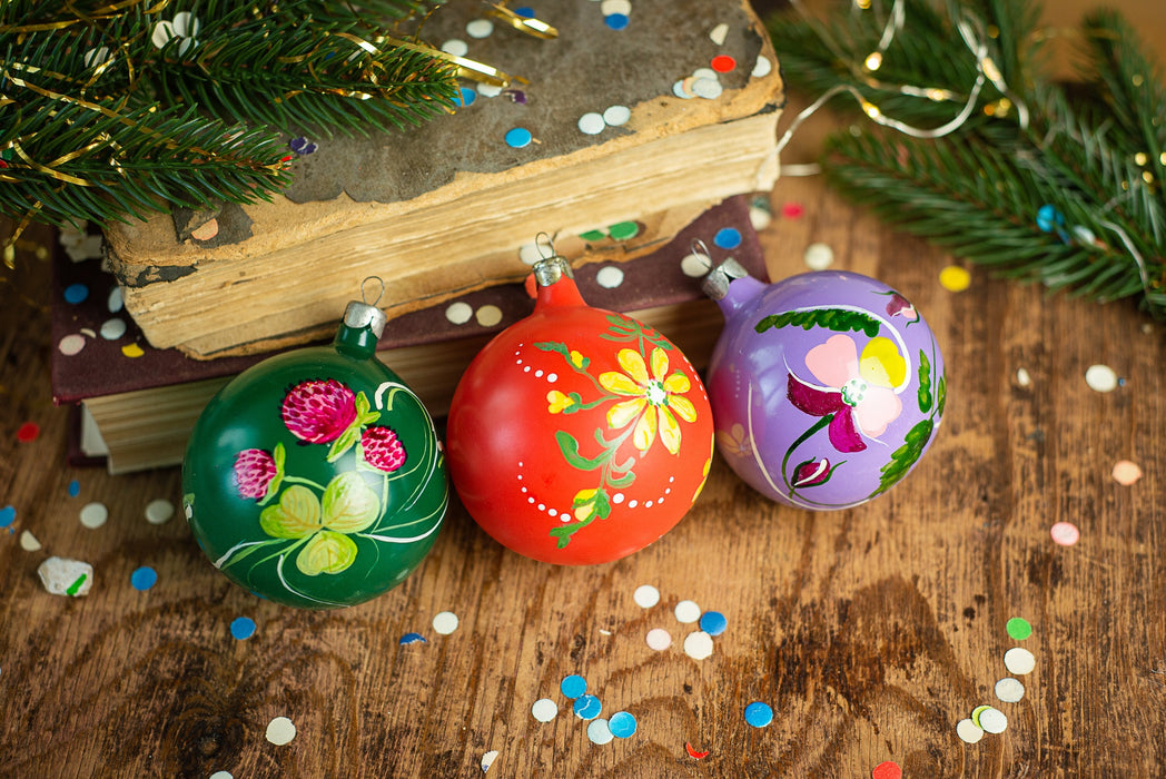 Vintage Glass Christmas Baubles, Hand Painted European
