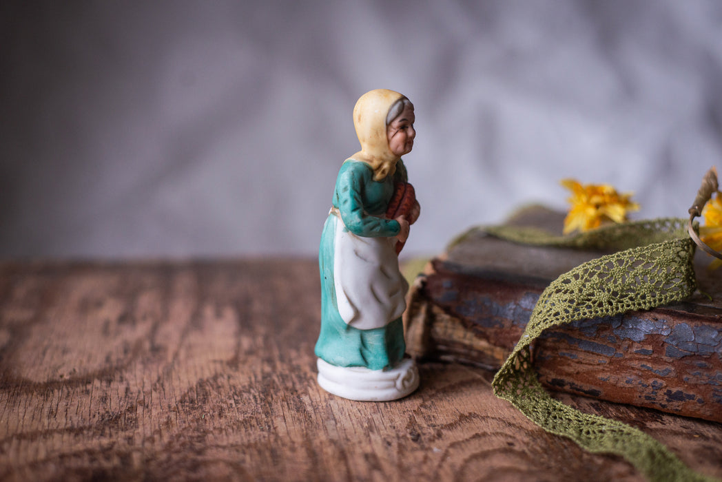 Vintage Granny Figurine Belgian Bisque Porcelain Harvest Ornament