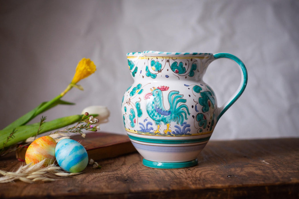 Italian Deruta Rooster Pitcher – Hand Painted Ceramic Vase
