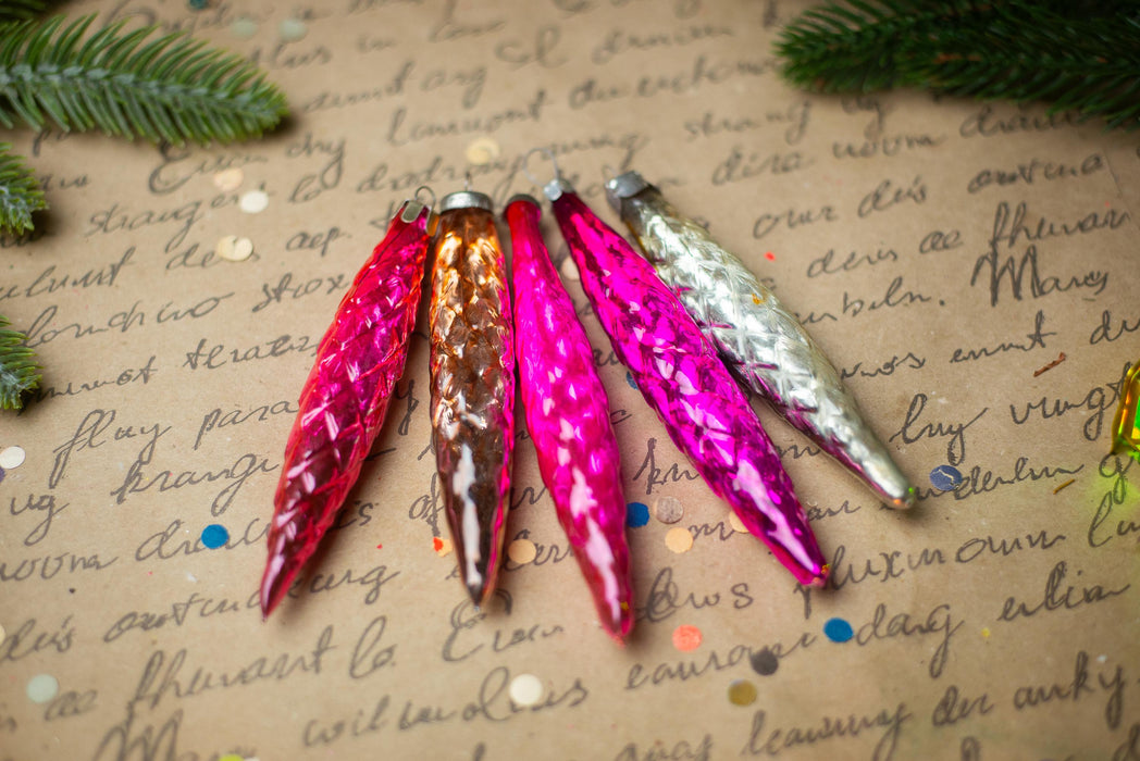 Pink Glass Icicle Christmas Ornaments, Vintage Set of 5