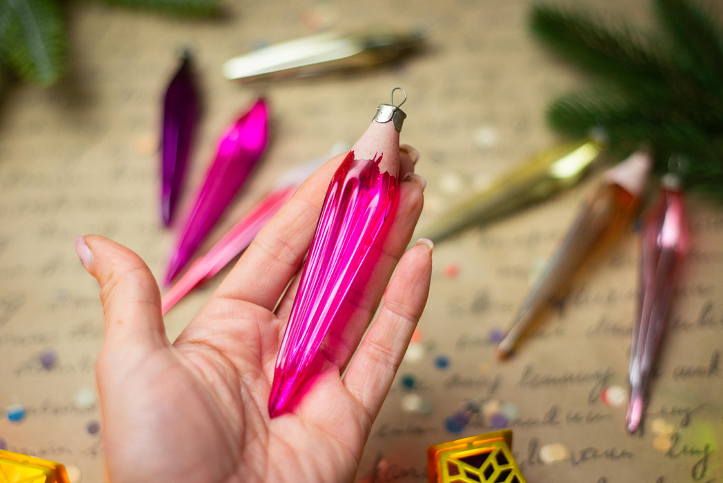 Vintage 1950s Glass Icicle Ornaments – Pink, Silver & Gold
