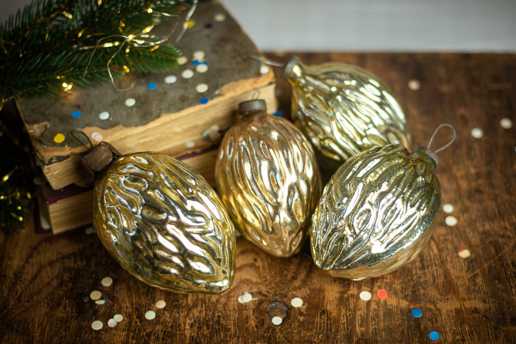 Golden Glass Nut Ornaments Vintage Walnut Almond