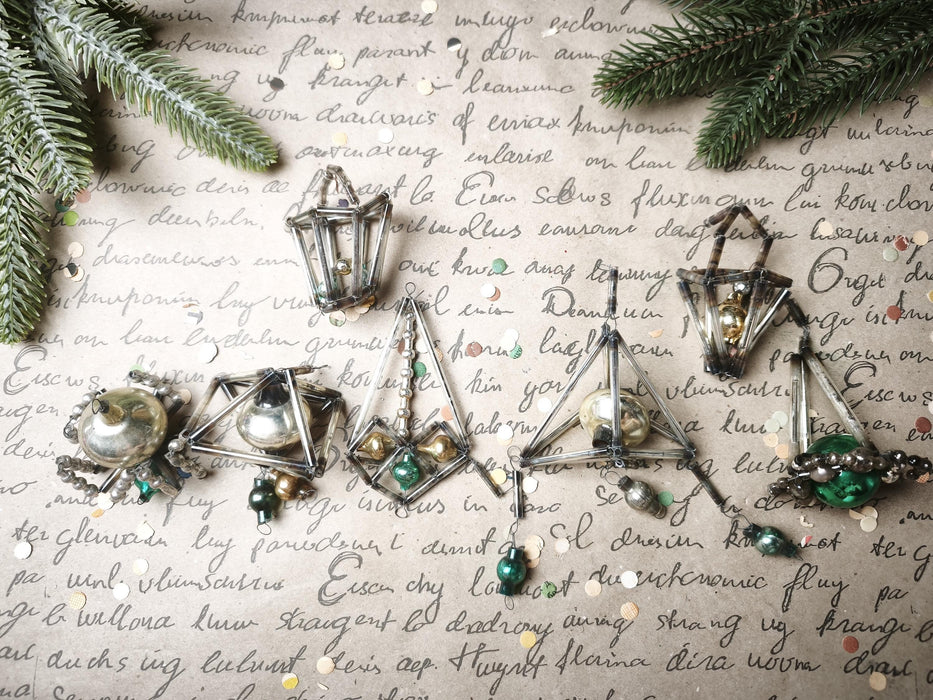 Vintage Glass Christmas Ornaments, Silver Green Montage Set, 7 Pc