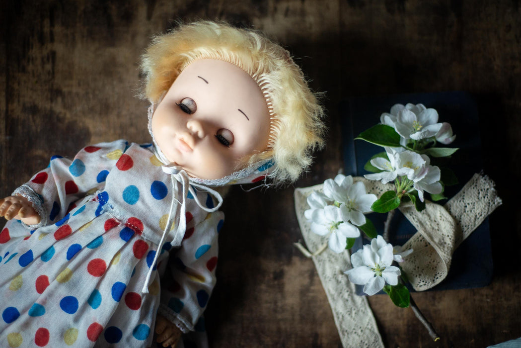 vintage 1970s german doll, Blue-Eyed Polka Dot Outfit Doll