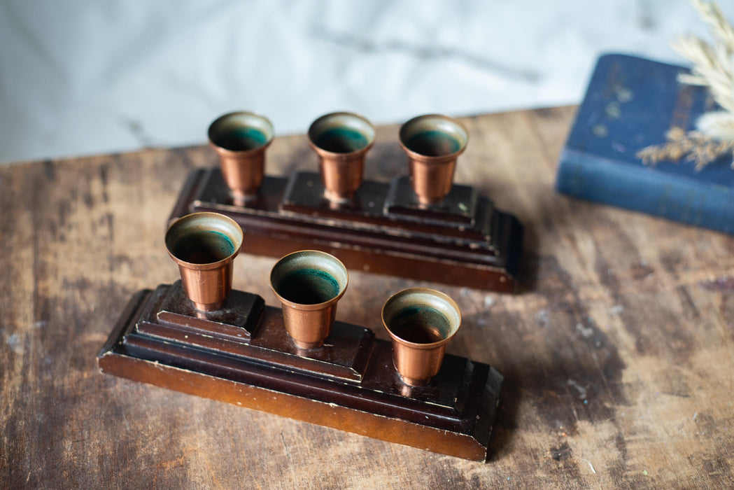 Wooden Brass Candle Holders, German Vintage Set of 2, Mid Century Candlestick Holders