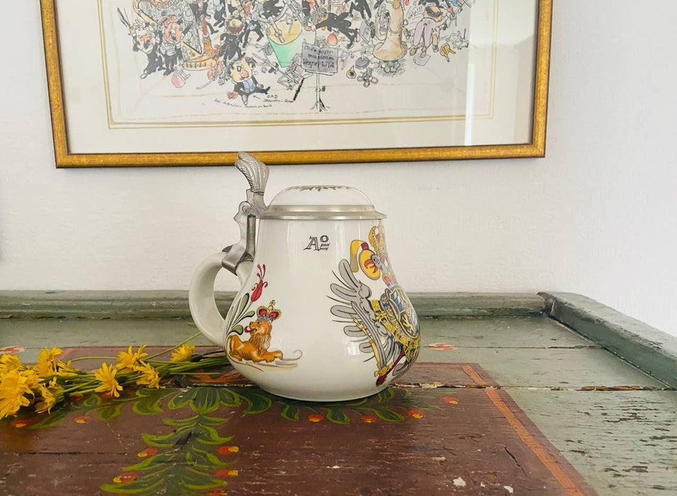 Vintage Bavarian Beer Stein Ceramic Mug with Pewter Lid Lion Eagle Crest