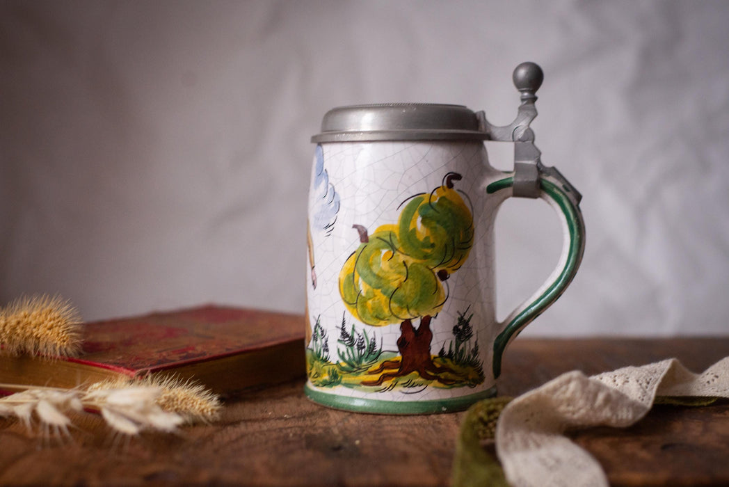 Vintage German Beer Stein Hunter Scene Ceramic Mug with Pewter Lid Bavarian Tankard