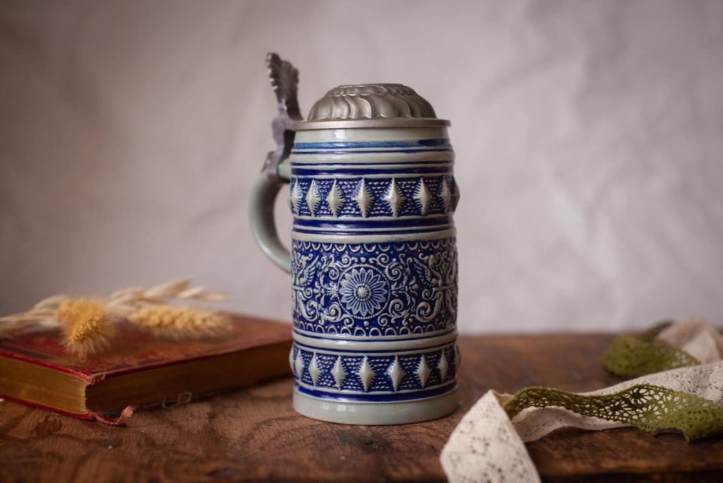 Vintage Bavarian Beer Stein Blue Ceramic German Mug with Pewter Lid