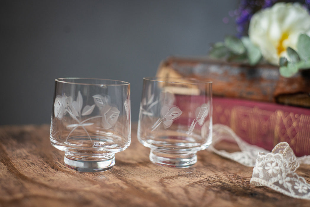 1970s Etched Shot Glasses – Set of 2