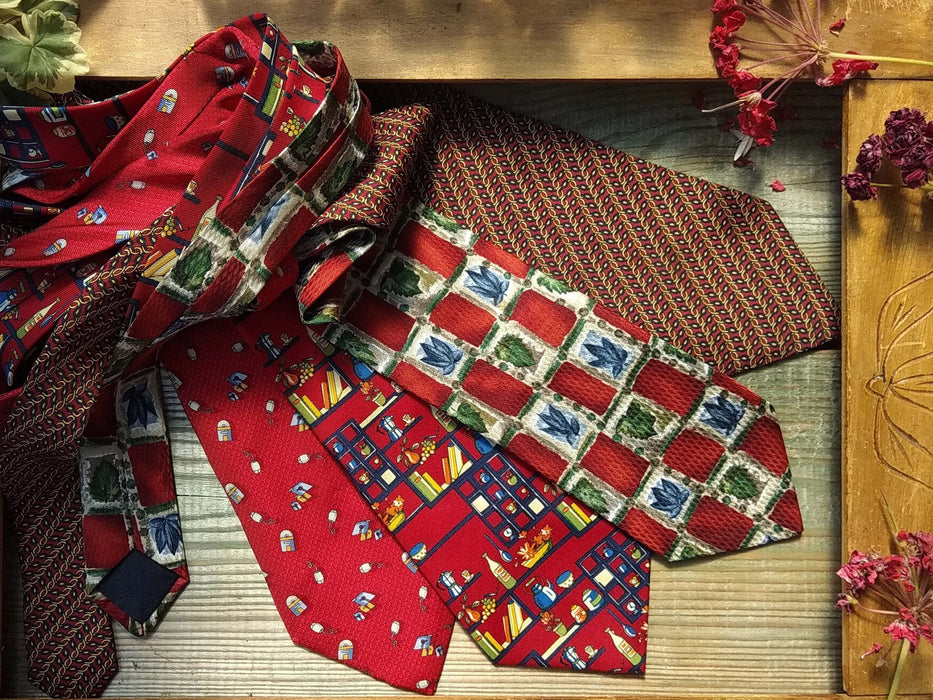 Vintage Silk Ties, Red Floral & Striped Neckties, Retro Mens Accessories, Classic 90s Style