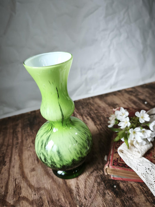Green Glass Vase Murano Style, Mid Century Retro Aesthetic Decor