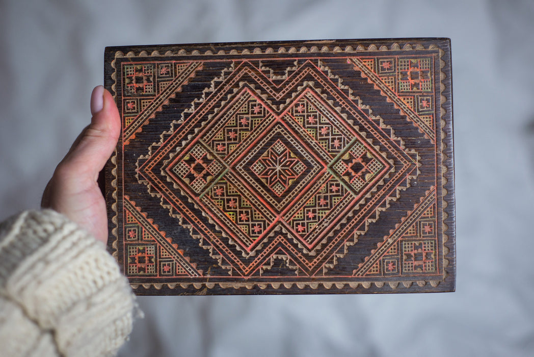 Vintage Wooden Jewelry Box, 1970s Ukrainian Mosaic Box