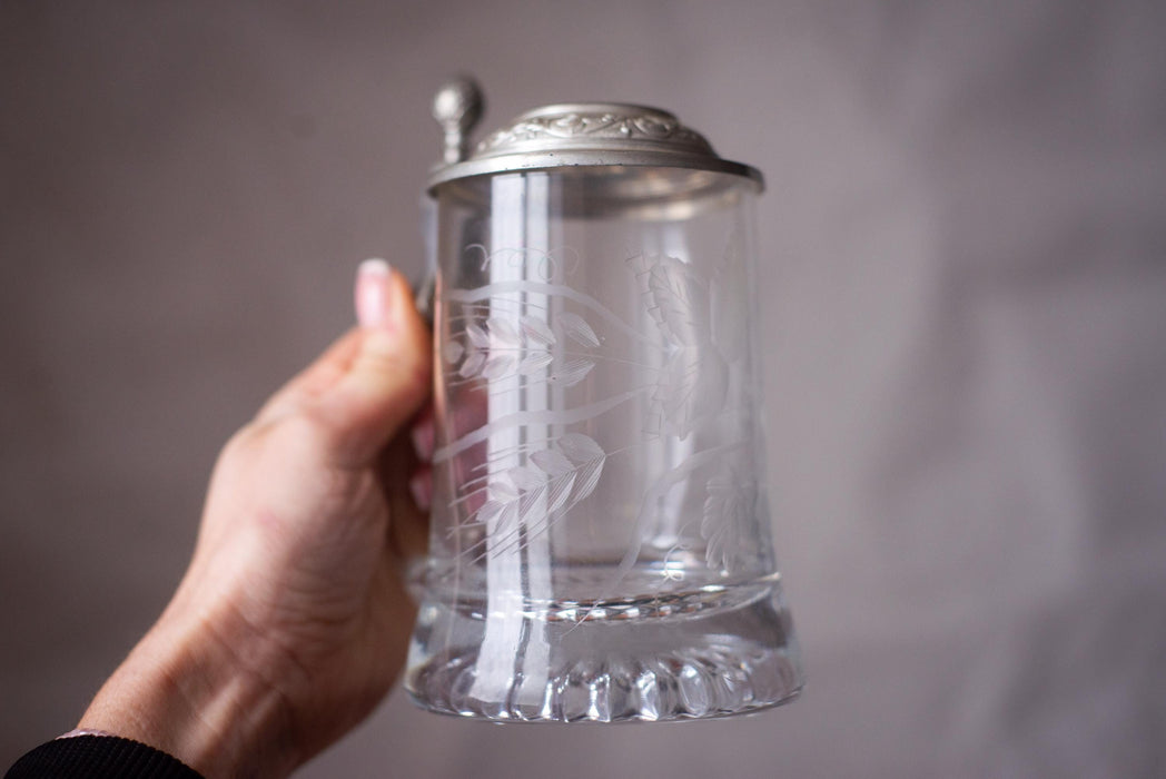 Vintage Glass Beer Stein with Pewter Lid German Barware Tankard