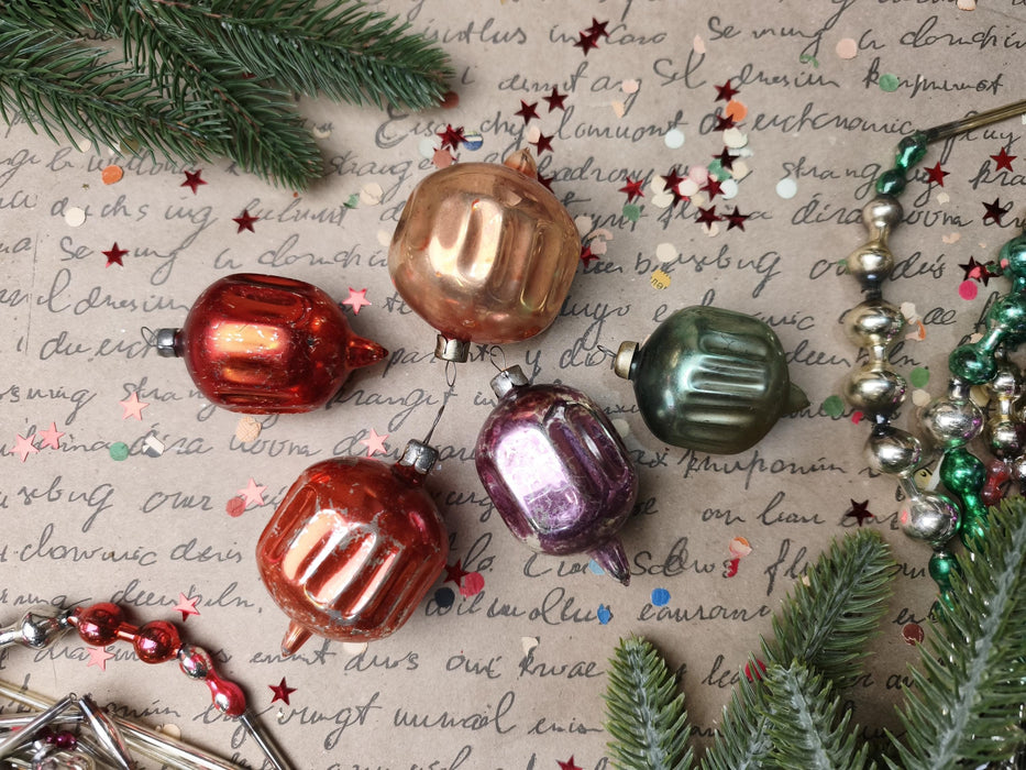 Vintage Glass Christmas Ornaments Set of 5, Ribbed Lantern Baubles, 1970s