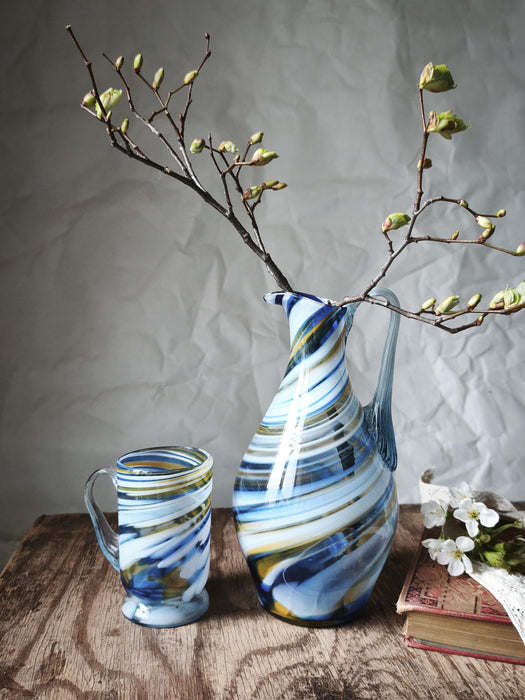 Murano-Style Blue Glass Pitcher and Mug Sets