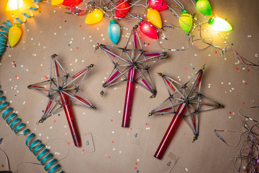 Vintage Christmas tree topper, Silver pink glass bugle star, Beaded Xmas tree ornaments