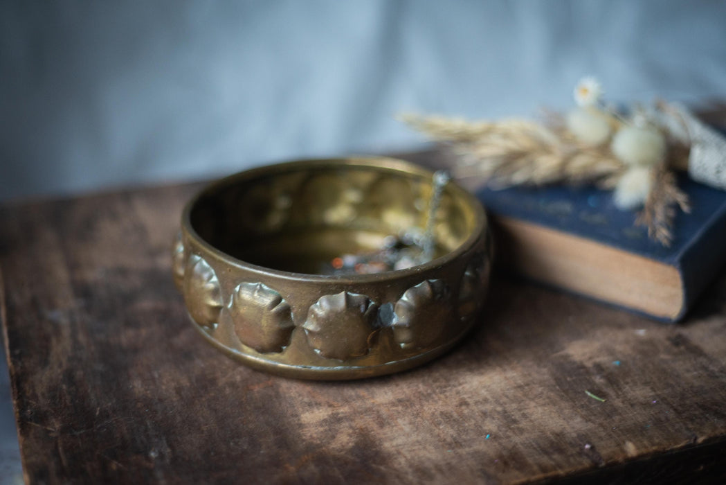 Vintage Brass Planter Bowl | German Brass Dish With Embossed Floral Pattern