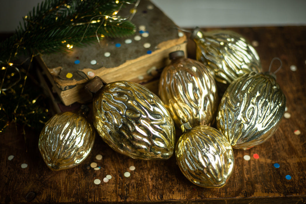 Golden Glass Nut Ornaments Vintage Walnut Almond