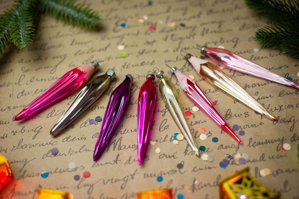 Vintage 1950s Glass Icicle Ornaments – Pink, Silver & Gold