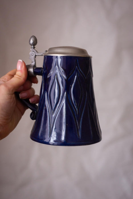 Vintage Cobalt Blue Beer Stein Bavarian Ceramic Mug with Lid