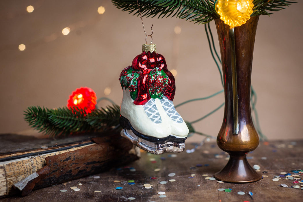 Vintage Glass Ice Skates Ornament, Hand Painted Winter