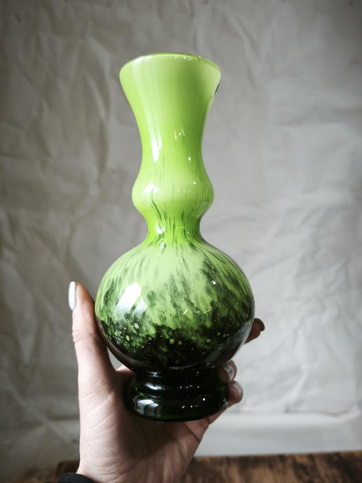 Green Glass Vase Murano Style, Mid Century Retro Aesthetic Decor